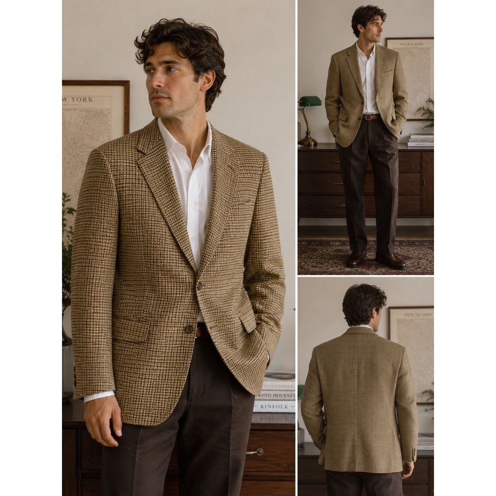 Vintage Royal York 42R Houndstooth‎ Sport Coat Blazer Men Brown Tan Tweed Jacket